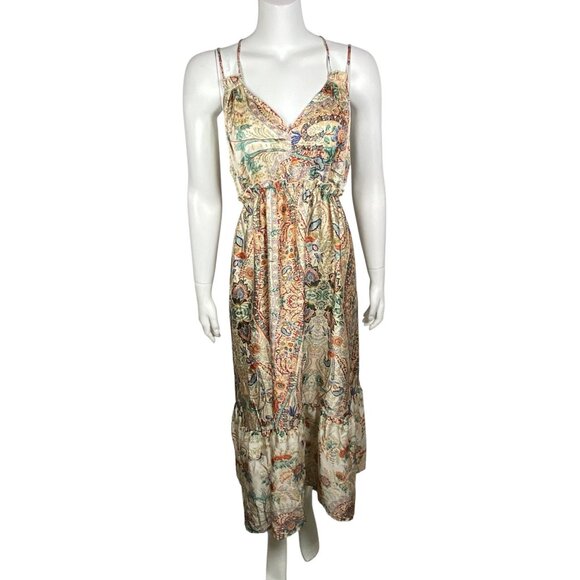 Cider Retro Print Maxi Ruffle Dress Womens Size L Spaghetti Straps V Neck - Picture 1 of 7